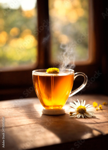 a cup of tea with chamomile. Selective focus.