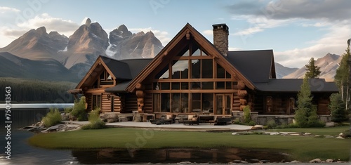 Sunny view of beautiful rural house on mountain at Wyoming. Mormon house at the Grand Teton national park in Wyoming.