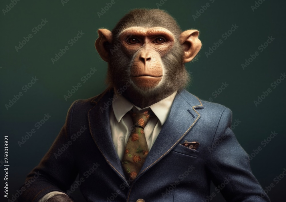 Business macaque in an office suit, portrait of a monkey.
