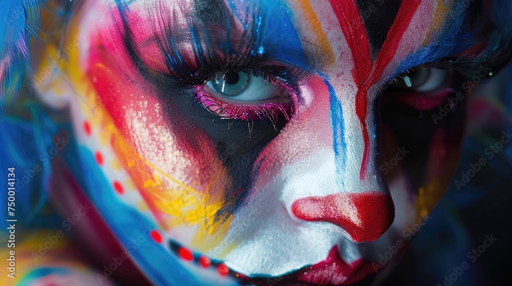 A close-up unveils a woman's face adorned with vibrant floral and artistic makeup, transforming her visage into a captivating canvas of color and creativity.