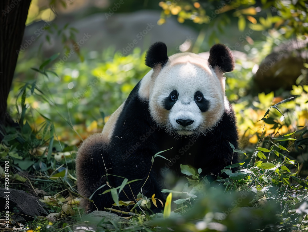Obraz premium A panda lounges among bamboo, gazing peacefully at the camera.