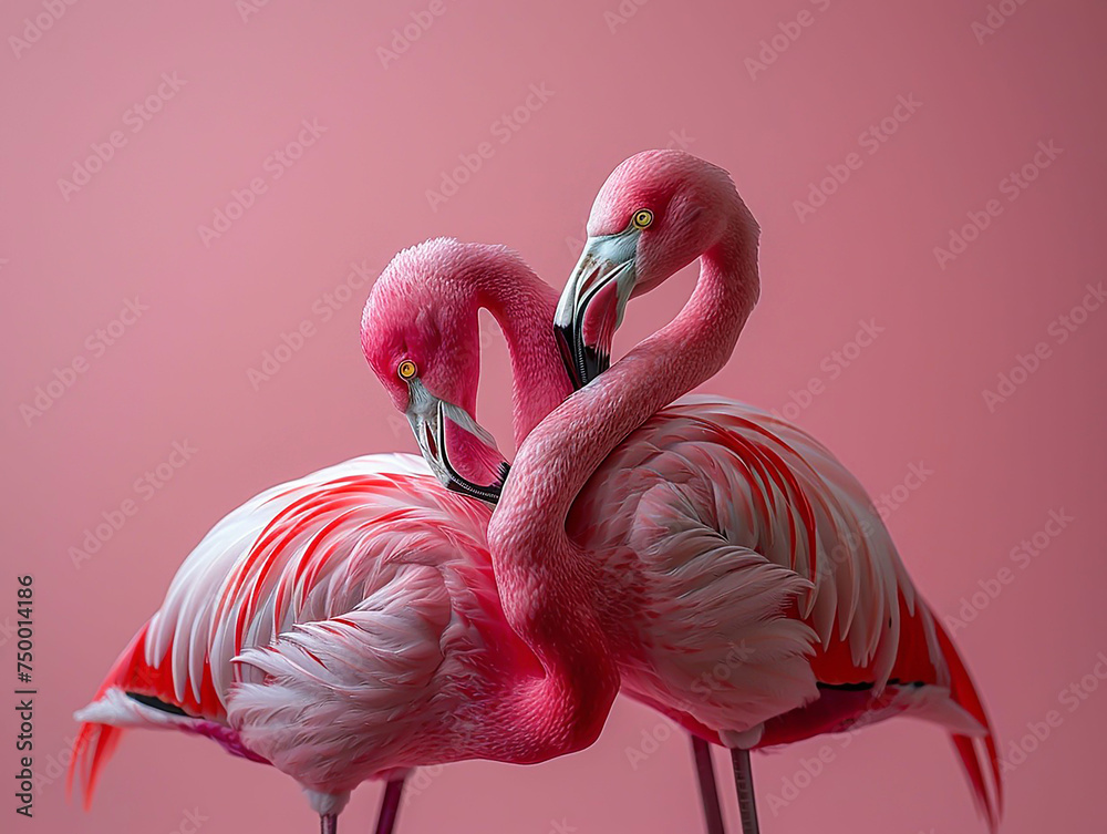 Fototapeta premium The profile of two pink flamingos, facing each other, looking at each other. pink background