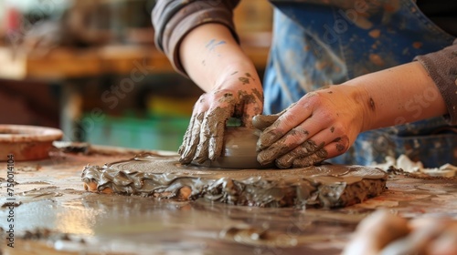 Artisan hands molding a clay pot on a spinning pottery wheel, capturing the creation process.