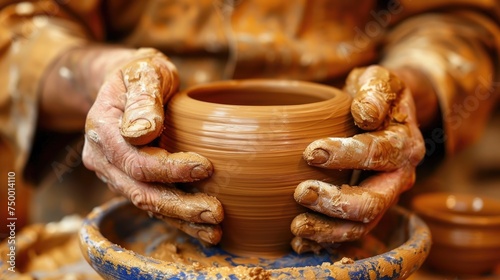 Close-up of skilled potter's hands molding a clay pot on a spinning potter's wheel, showcasing craftsmanship.