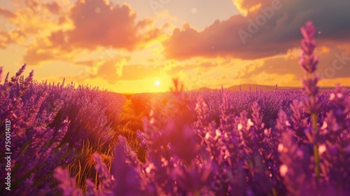 Stunning sunset view over vibrant lavender fields  evoking a sense of calm and beauty.