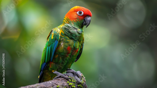 A brightly coloured parrot with red and green plumage perched on a branch.