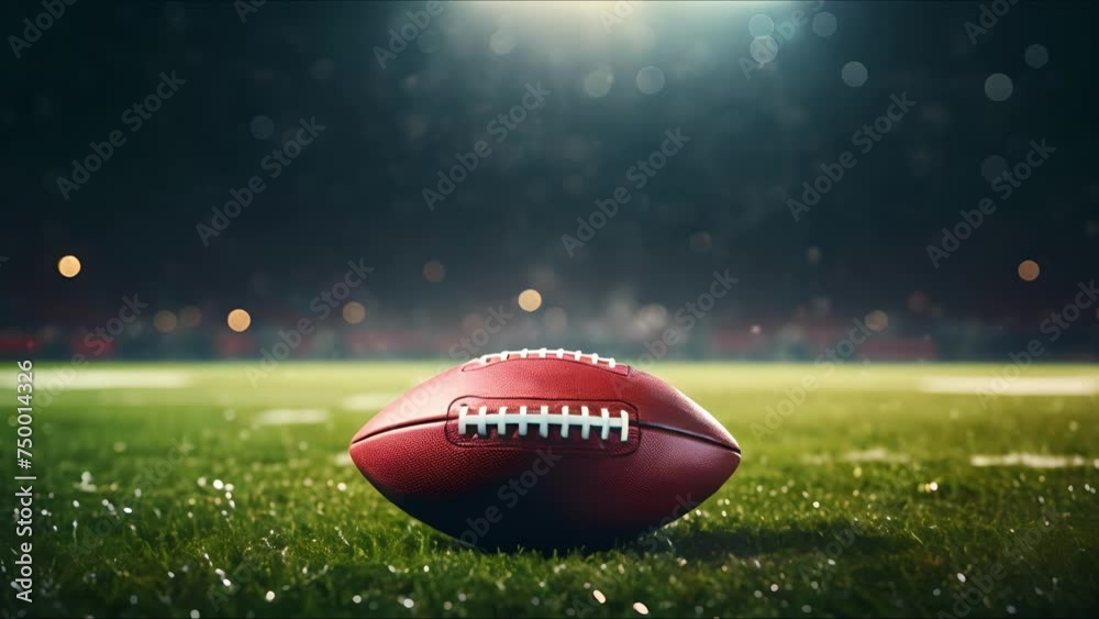 Close-up of American football ball on grass. Background of stadium illuminated by the lights. The concept of sport and leisure. Ai-generated. Close-up of American football ball on grass. Background of stadium illuminated by the lights. The concept of sport and leisure. Ai-generated.