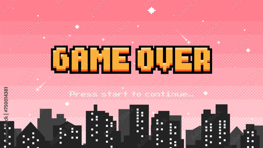 Game Over with starry sky on city background. Pixel art 8-bit retro ...
