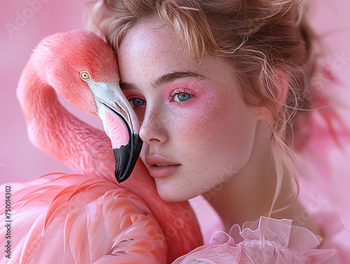 The profile of a young woman profiles flamingo on a pink background.