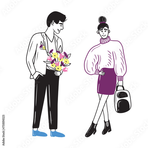 Man is holding and making gift for his girlfriend with bouquet of flowers. Woman in violet skirt, and warm knitted sweater in chelsea. Smiling happy couple celebrating Valentine's day, birthday, love.