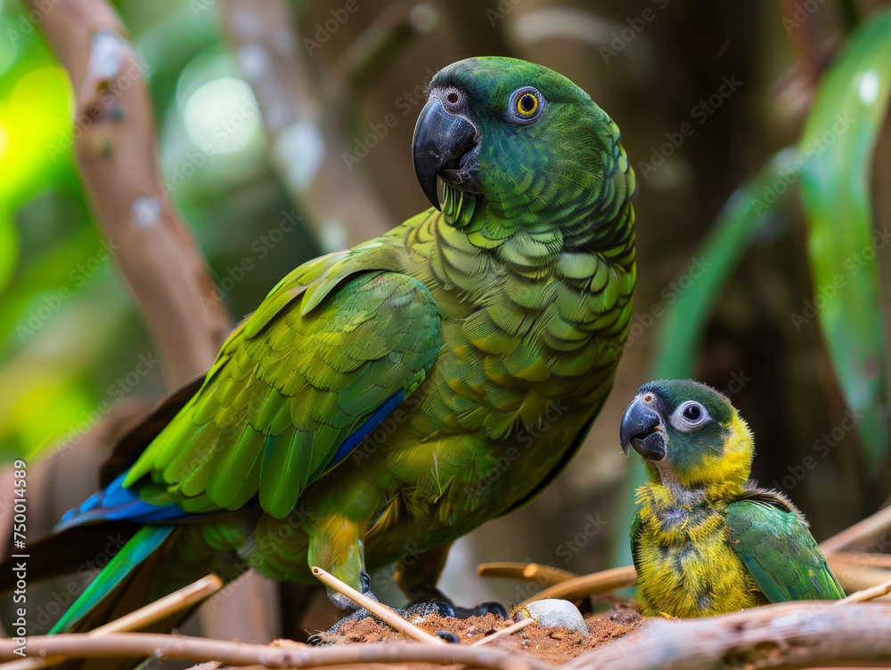 Obraz premium A green parrot attentively watches over its fluffy chick on the forest floor.