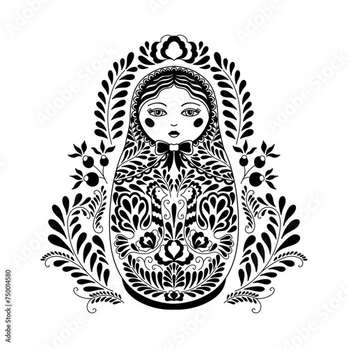Traditional Russian nesting doll. Matryoshka Painted with floral patterns. Suitable doll for a coloring book, drawn in a linear style.