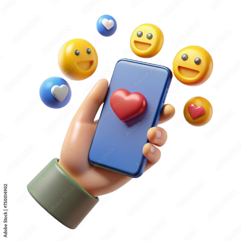 3d hand holding phone with emoji, minimal social media with emoji, Cartoon minimal icon. 3d hand holding phone with emoji, minimal social media with emoji, Cartoon minimal icon.
