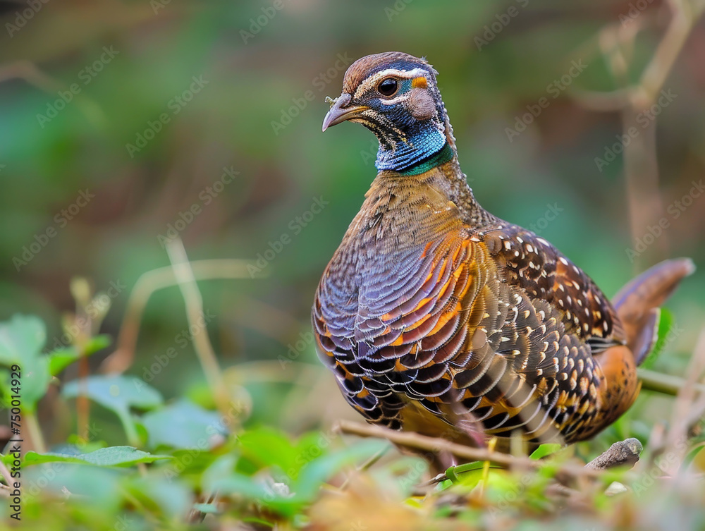 Fototapeta premium Vibrant partridge standing alert amongst lush green foliage, basking in the sunlight.