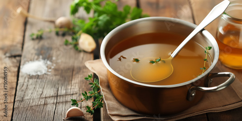 Pot with yellow fresh bone broth on wooden table. Healthy low-calories food is rich in vitamins, collagen and anti-inflammatory amino acids