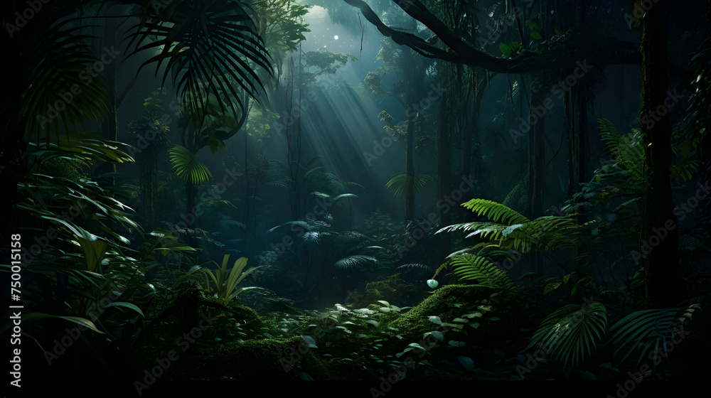 Deep tropical forest in darkness