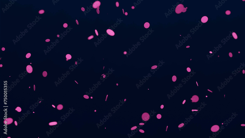 falling glowing pink coins against dark background, 3d render
