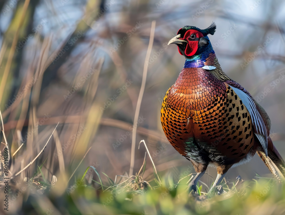 Fototapeta premium A ring-necked pheasant with splendid colourful feathers hidden in the fields.