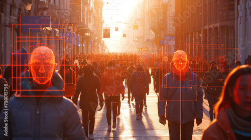 A crowd of people on the street and a facial recognition camera running it. Surveillance and information collection. Facial recognition camera tracking individuals in a crowd.