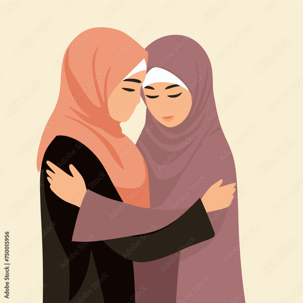 muslim women hugging flat vector illustration muslim women hugging flat vector illustration