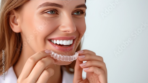 Young Caucasian woman inserting a dental aligner. Close-up view. Aligning her teeth for a flawless smile transformation.