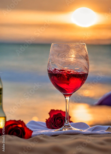 glass of red wine and rose on the seashore. Selective focus.
