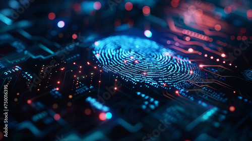 Cybersecurity background with fingerprint and Integrated circuit mainboard . Technology concept .
