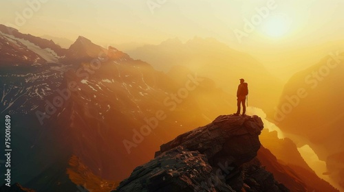 "Embracing the Dawn: Solo Adventurer Atop Sun-Kissed Peak © willian