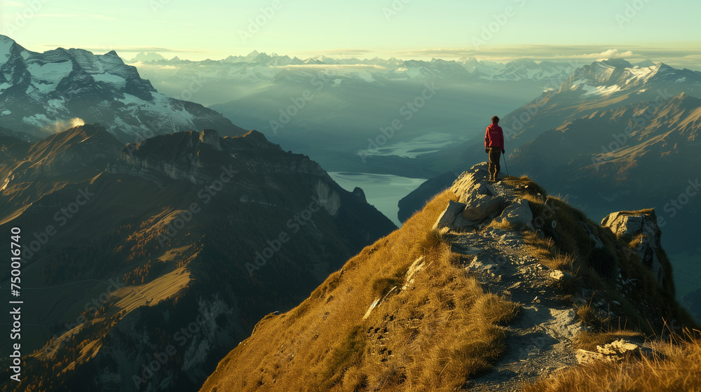 Conquering Heights: Lone Figure Basks in Radiant Sunrise atop Mountain