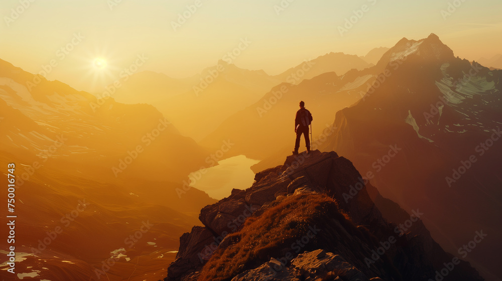 Conquering Heights: Lone Figure Basks in Radiant Sunrise atop Mountain