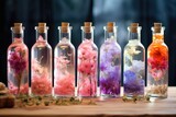 Elegant aromatherapy oils bottles and vials with floral decor for serene relaxation