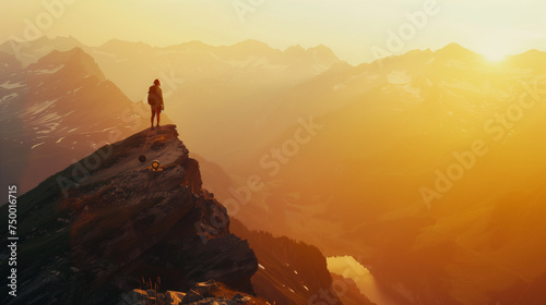 On Top of the World: Solitary Figure Soaks in Sunrise Glory from Mountain Summit © willian