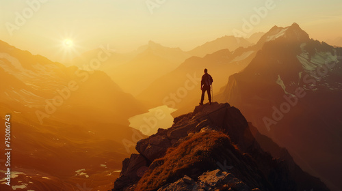 Conquering Heights: Lone Figure Basks in Radiant Sunrise atop Mountain © willian