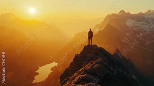 Conquering Heights: Lone Figure Basks in Radiant Sunrise atop Mountain