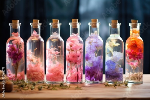 Elegant aromatherapy oils bottles and vials with floral decor for serene relaxation