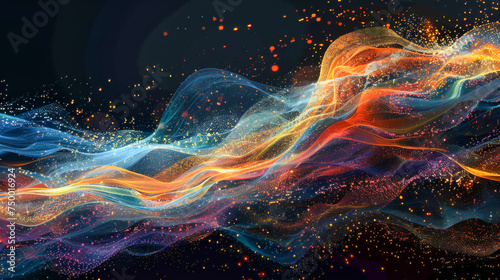 Vibrant abstract illustration capturing the dynamic flow of cosmic energy and stardust in warm and cool tones, symbolizing the universe's vastness.
