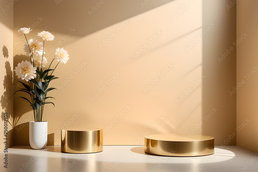 Podium golden circles for presentation under the shadow of flowers in a vase on a light pastel background. Playground AI platform Podium golden circles for presentation under the shadow of flowers in a vase on a light pastel background. Playground AI platform