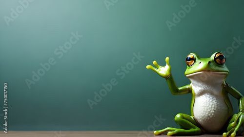 Green Frog raising a hand and explaining, isolated on green background with blank space for text, copy space. Perferct for explain something in a banner. Happy leap day February 29, one extra day.