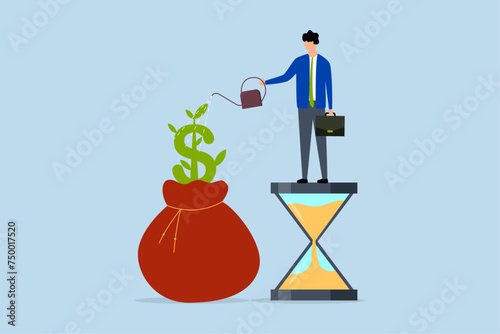 Saving and investment account, Businessman investor standing on sandglass, watering growing sprout from money bag.