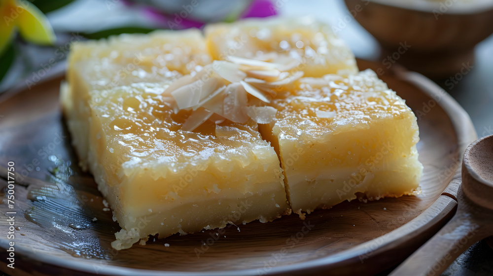 Delectable coconut cassava cake on wooden plate