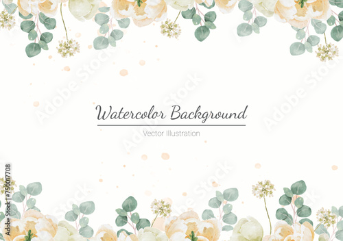 watercolor white peony and rose foliage flower bouquet wreath frame white background isolated