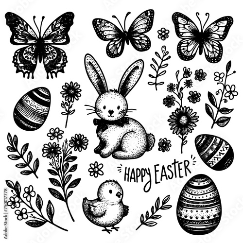 black and white drawing rabbit, a butterfly