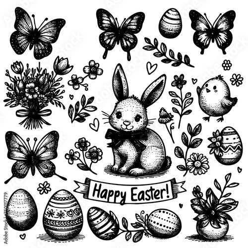 A black and white drawing of a rabbit sitting in a field with flowers