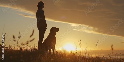 A person and their dog standing against the sunset, capturing the timeless bond between them , concept of Connection