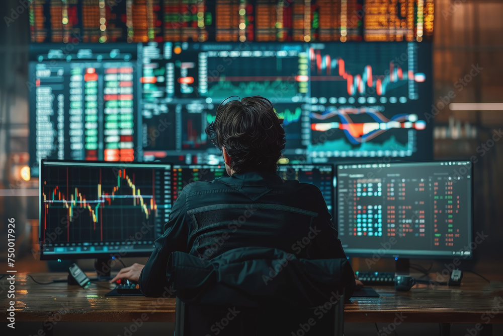 A man sits behind modern large monitors and sells on the exchange, bitcoin, coin schedule. A man sits behind modern large monitors and sells on the exchange, bitcoin, coin schedule.