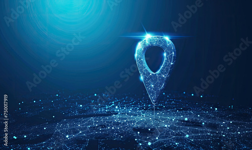 Gps, location sign in futuristic abstract style on blue background. Gps navigator pin. Map pointer sign. Route navigator. Polygon vector wireframe concept. Low poly