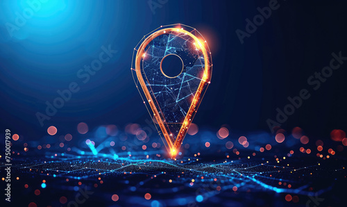 Gps, location sign in futuristic abstract style on blue background. Gps navigator pin. Map pointer sign. Route navigator. Polygon vector wireframe concept. Low poly photo