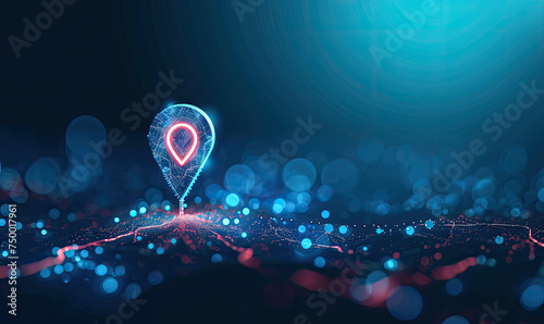 Gps, location sign in futuristic abstract style on blue background. Gps navigator pin. Map pointer sign. Route navigator. Polygon vector wireframe concept. Low poly