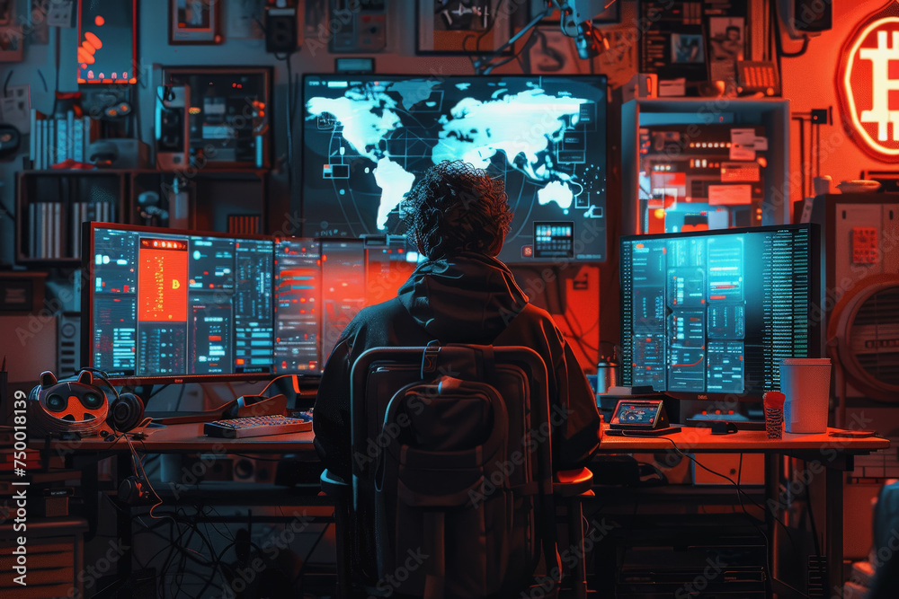 A man sits behind modern large monitors and sells on the exchange, bitcoin, coin schedule.