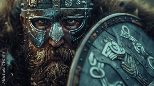 Ancient Warrior in Battle Regalia, close-up portrait of a fierce ancient warrior, eyes piercing through a battle-worn helmet, gripping a shield adorned with Norse symbols